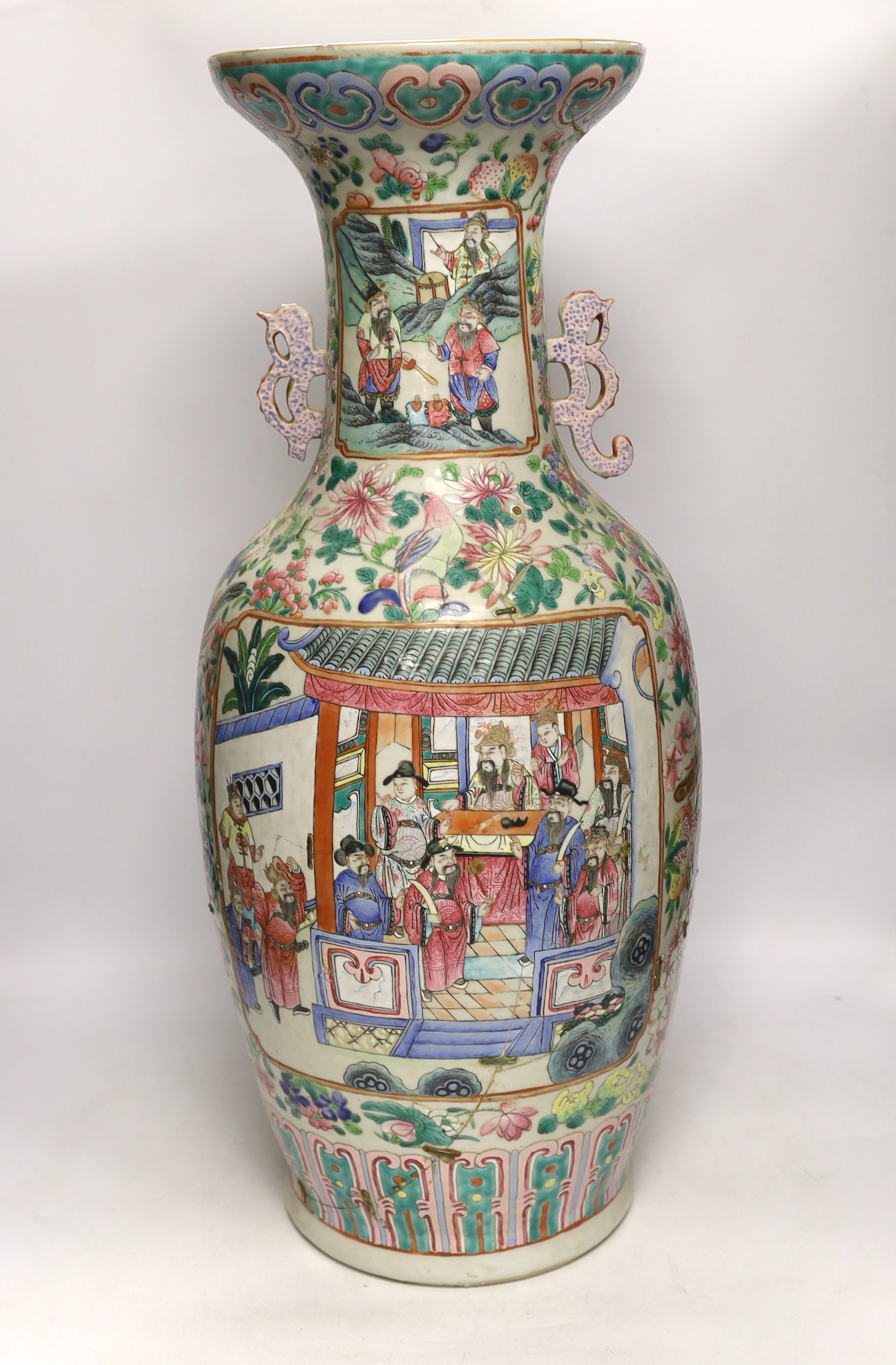 A large 19th century Chinese famille rose vase, damaged, 63cm